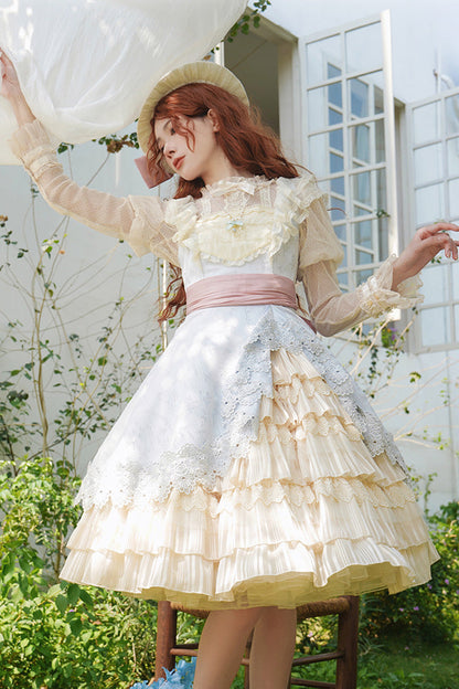 Cream Layered Asymmetrical Cardigan Ribbon Lolita JSK Dress