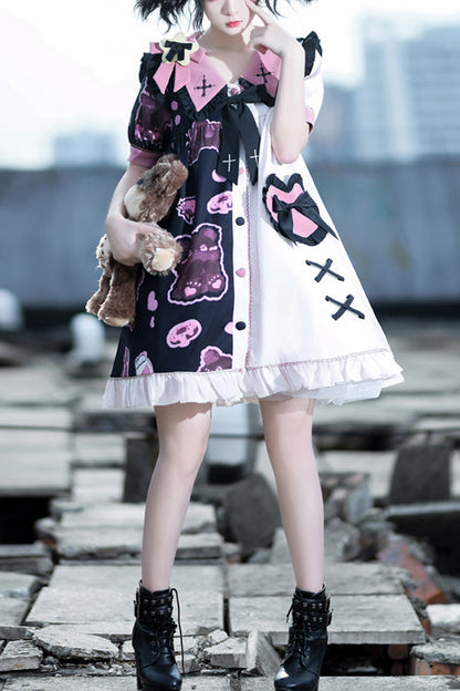 Lapel Collar Bear Print Sweet Lolita Dress with Short Sleeves