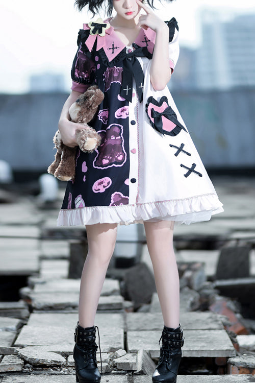 Lapel Collar Bear Print Sweet Lolita Dress with Short Sleeves