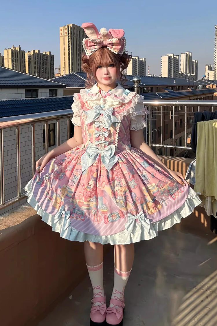 Pink Rainbow Buffy Bunny Sleeveless Double Layer Ribbon Doll Print Ruffle Bow Sweet Lolita JSK Set