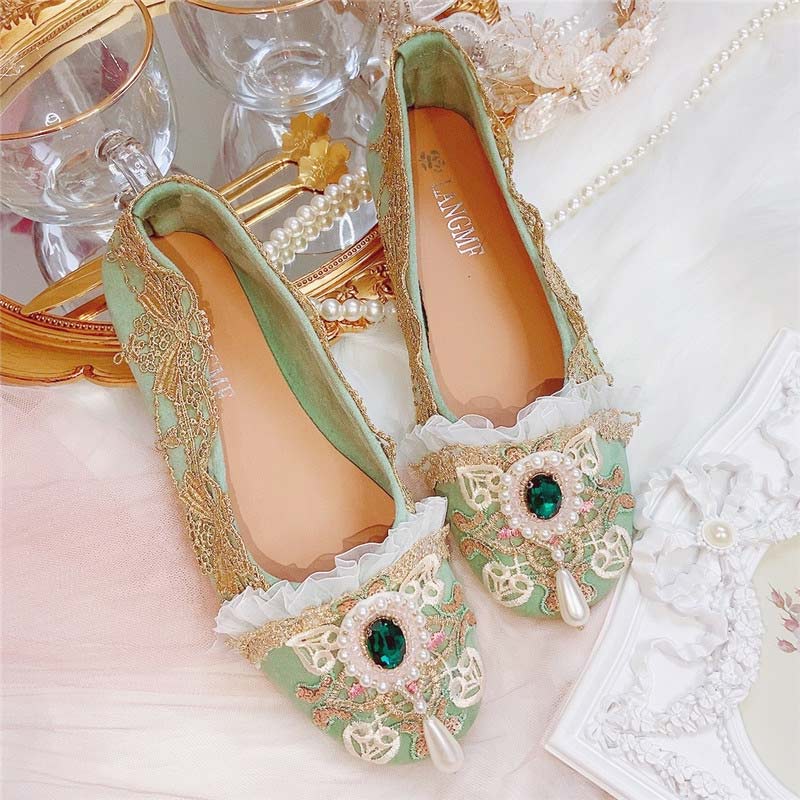 Chaussures plates vintage en dentelle et strass