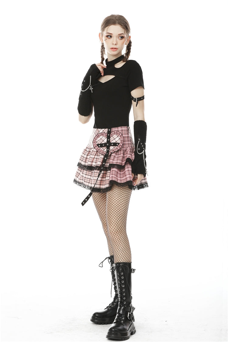 Pink Heart Plaid Double-Layer Ruffled Mini Skirt with Lace Hem