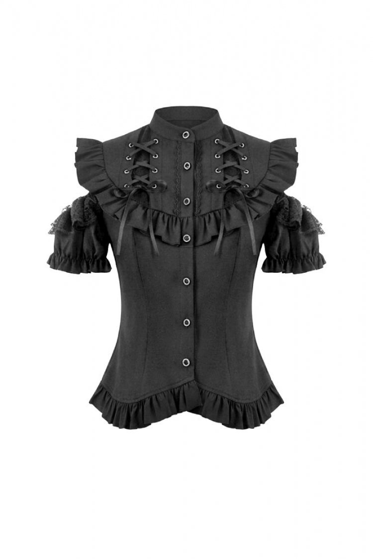 Gothic Blouse with Mandarin Collar and Puff Sleeves