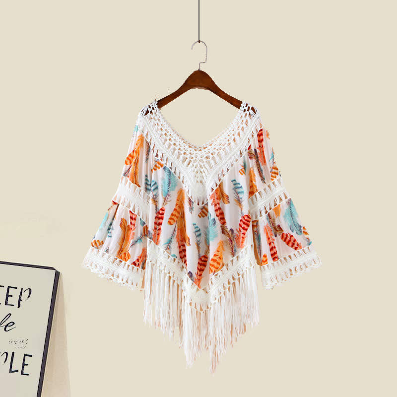 Sweet Boho Print Fringed Hollow Out Shirt Pleated Skirt Slip Dress