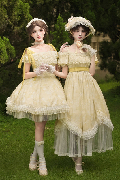Golden Square-Collar Short-Sleeve Ruffled Lace Long Gown