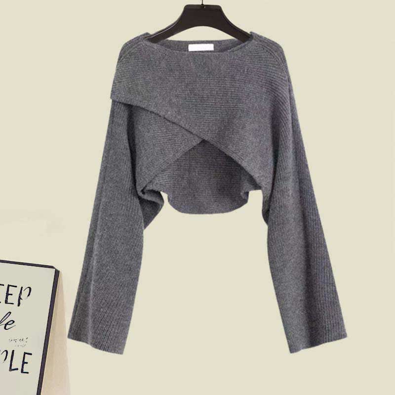 Grey Cross Knit Sweater Ruffled Split Slip Dress