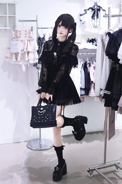 Lace Doll Round Collar Long Sleeves Ruffled Cut-Out Embroidered Bow Lace Gothic Jirai Kei Japanese Dress