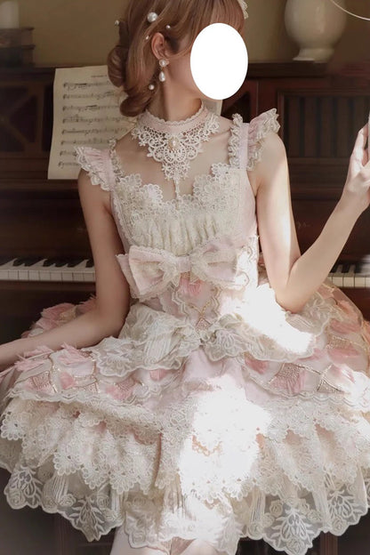 Rose Peacock Feather Tiered Ruffle Bride Cardigan Bow Lace Sweet Lolita JSK Set