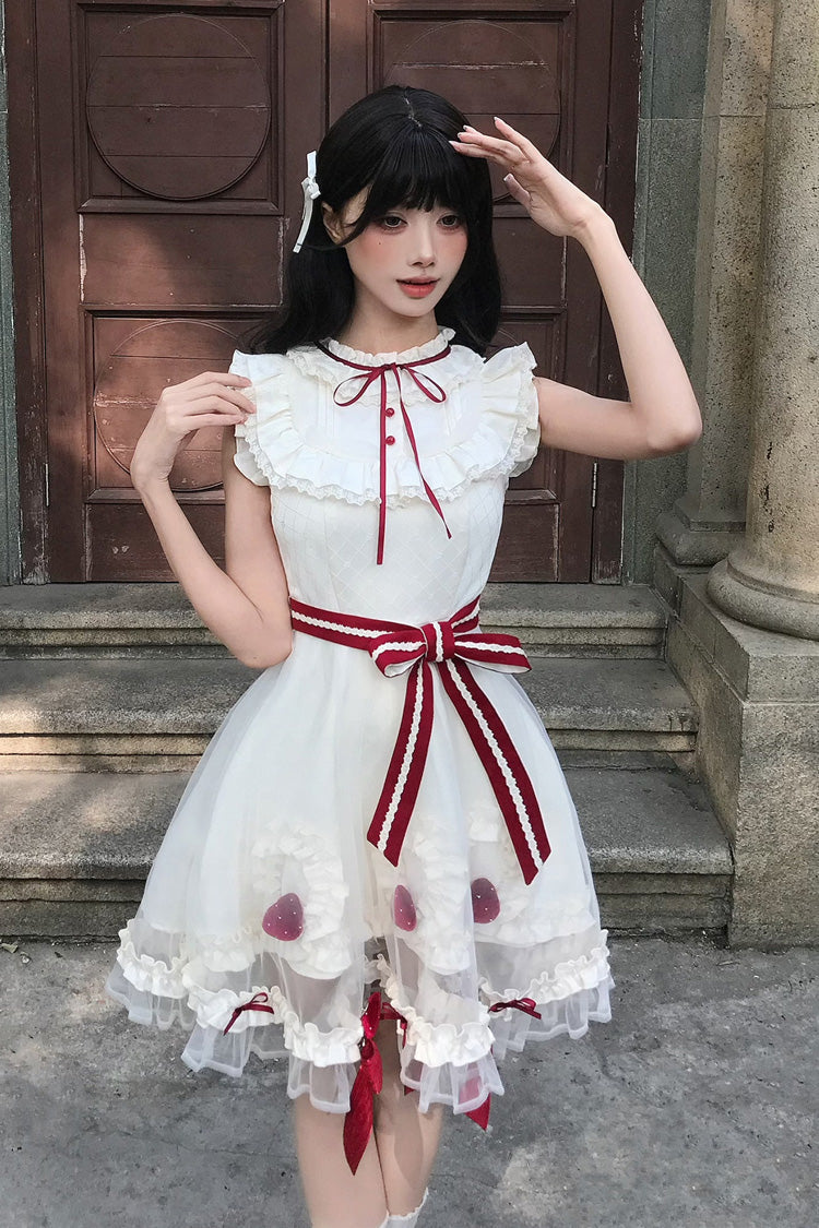 Ivory Strawberry Mousse Cake Stand Collar Sleeveless Mesh Ruffle Bow Lace Sweet Lolita Dress