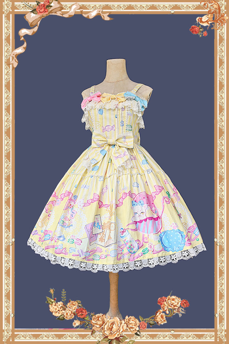 Macarons Dolly House Square Collar Sleeveless Print Bow Sweet Lolita JSK in Yellow