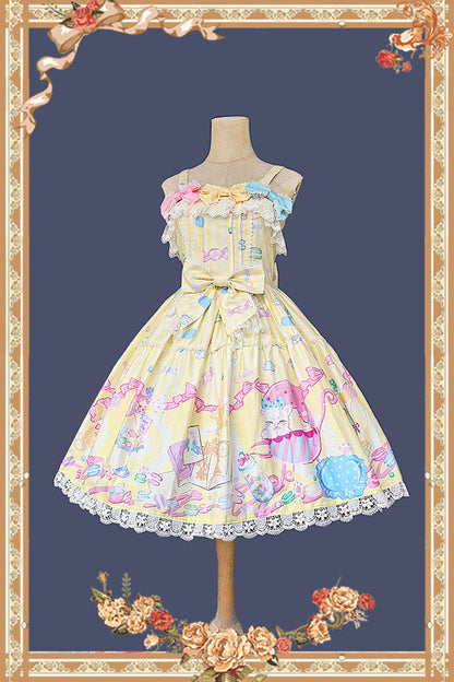Macarons Dolly House Square Collar Sleeveless Print Bow Sweet Lolita JSK in Yellow