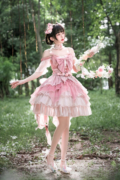 Pink Multi-layer Ruffle Hanayome Bowknot Sweet Elegant Princess Gorgeous Lolita Jsk Dress
