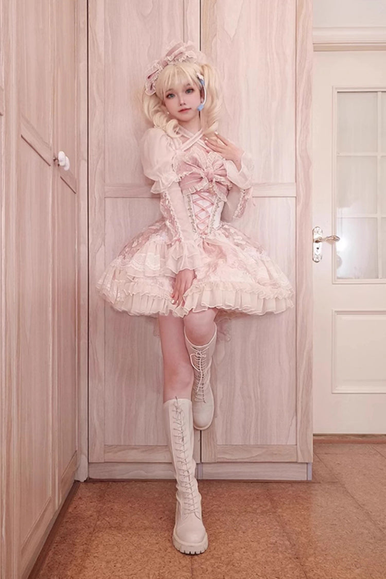 Pink Print Ruffle Cardigan Bow Lace Fishbone Sweet Lolita Gown - Lilibet
