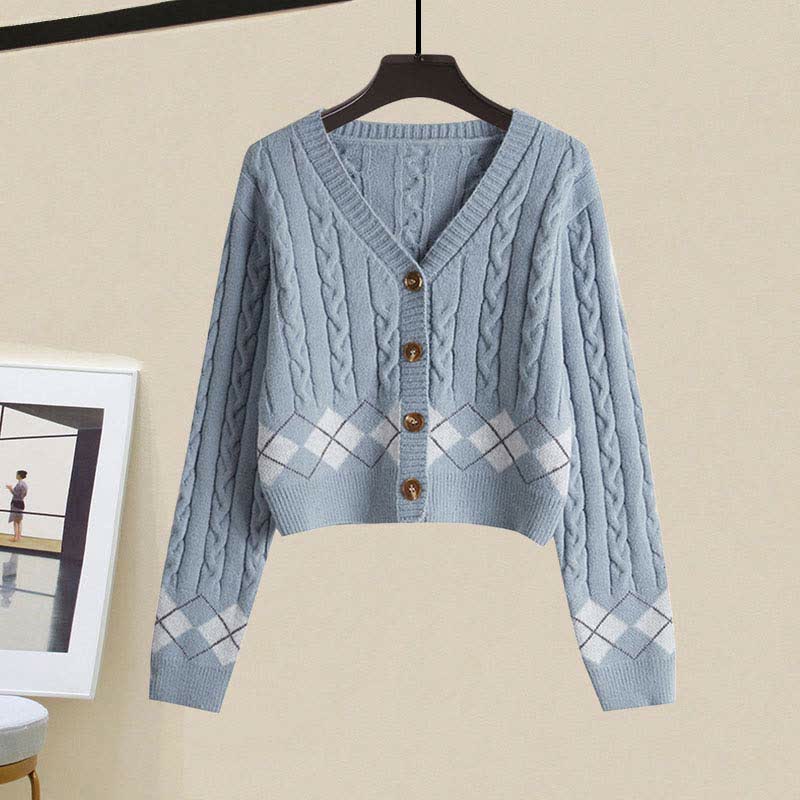 Rhombus Pants Shirt Sweater Set Print Denim Lapel