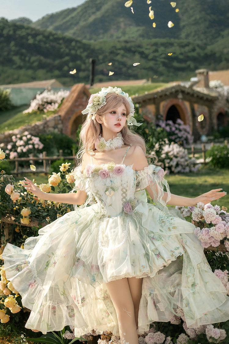 Emerald Layered Fishbone Lace-Up Lolita JSK - Spring Rose
