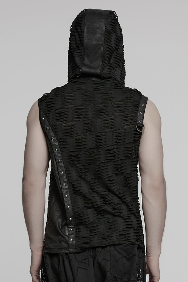 Ruched Punk Sleeveless Hooded Vest with Rips - NoirEdge