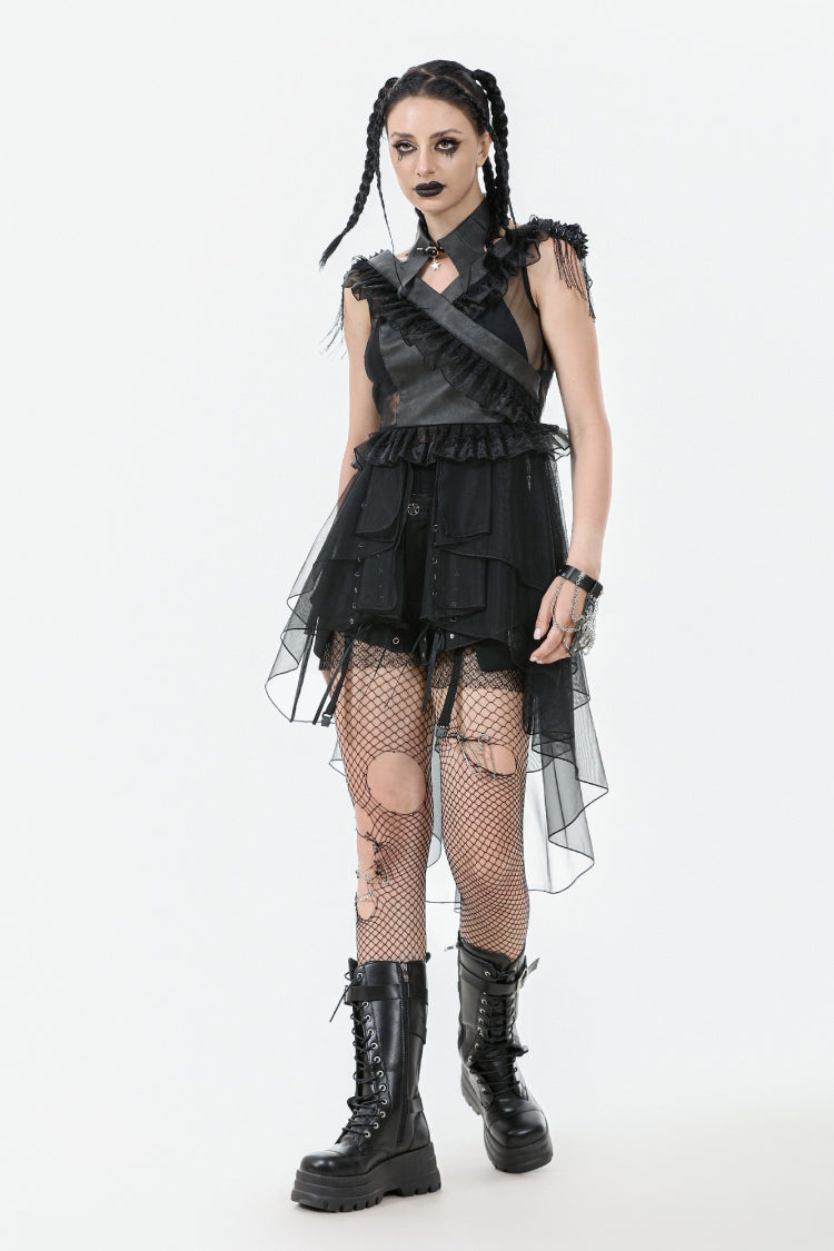 Jet V-Neck Sleeveless Multi-Tiered Ruffled Sheer Mesh Dress