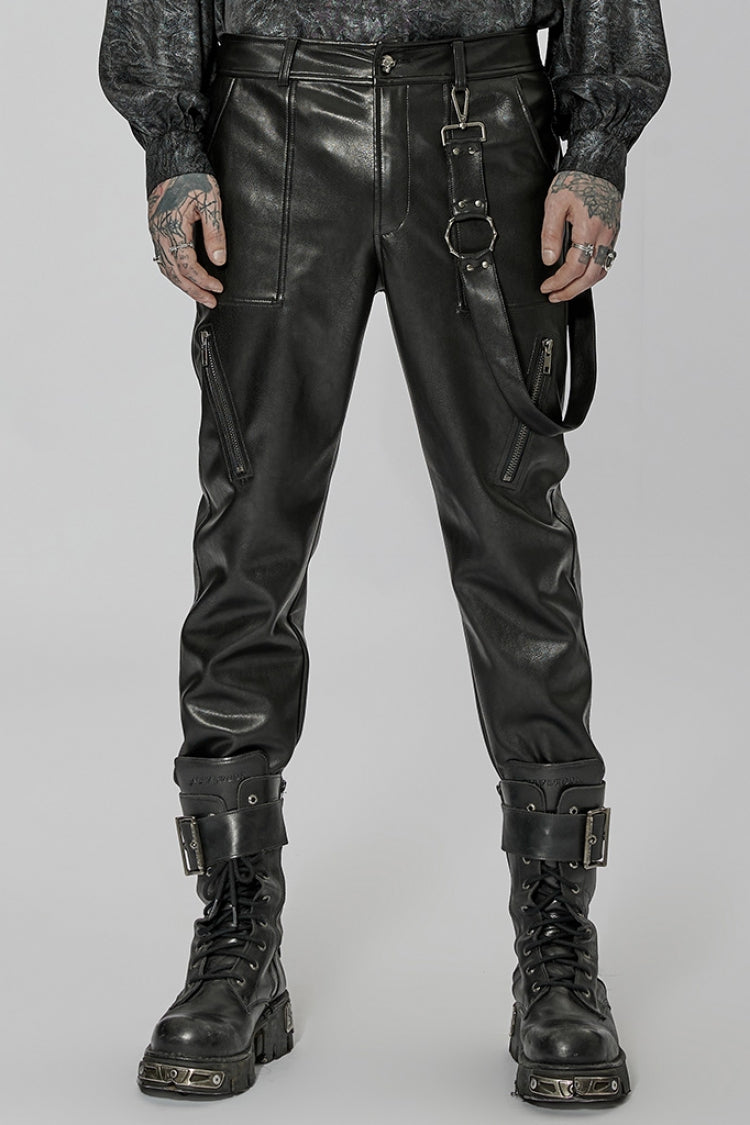 Men's Steampunk Pants with Detachable Metal Side Straps in Black Faux Leather