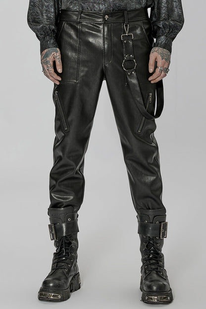 Men's Steampunk Pants with Detachable Metal Side Straps in Black Faux Leather