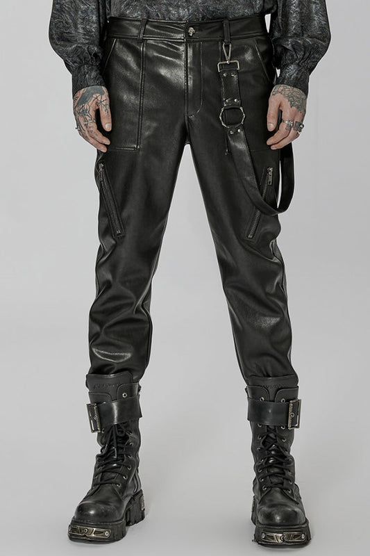 Men's Steampunk Pants with Detachable Metal Side Straps in Black Faux Leather
