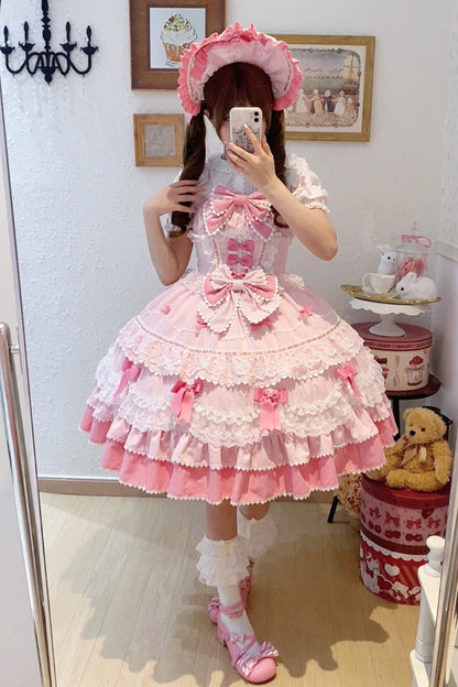Pink Fondant Cake Sleeveless Multi-Layer Ruffle Bow Lace Sweet JSK Dress