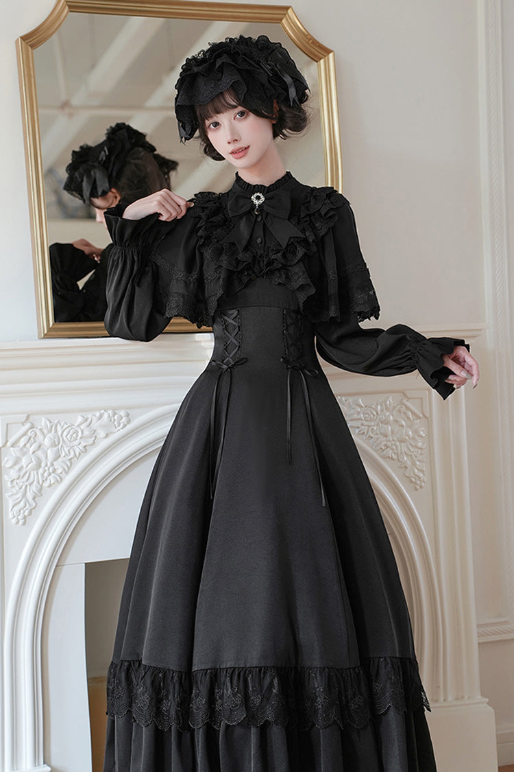 Stand Collar Gothic Dress with Long Sleeves and Lace-Up Ruffled Bow - Letters & Poems · Day and Night