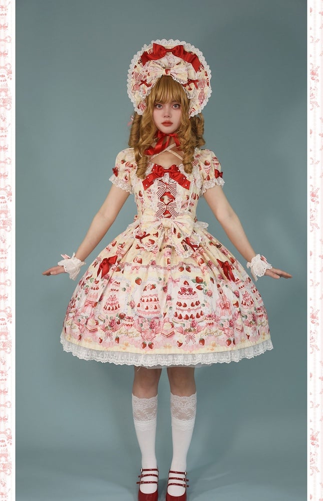 Strawberry Cake Print Yellow Sweet Bow Accents Lolita Dress / Full Set