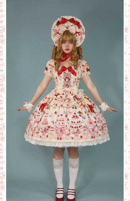Strawberry Cake Print Yellow Sweet Bow Accents Lolita Dress / Full Set