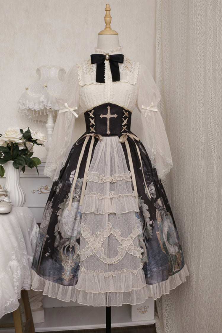 Cardigan with Lace Ruffles and Clock Butterfly Print Skirt Set