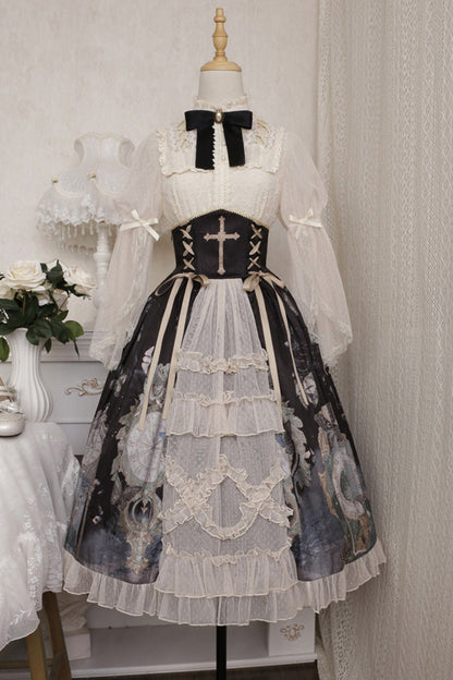 Cardigan with Lace Ruffles and Clock Butterfly Print Skirt Set