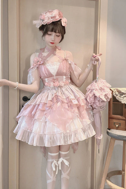 Pink Multi-layer Ruffle Hanayome Bowknot Sweet Elegant Princess Gorgeous Lolita Jsk Dress