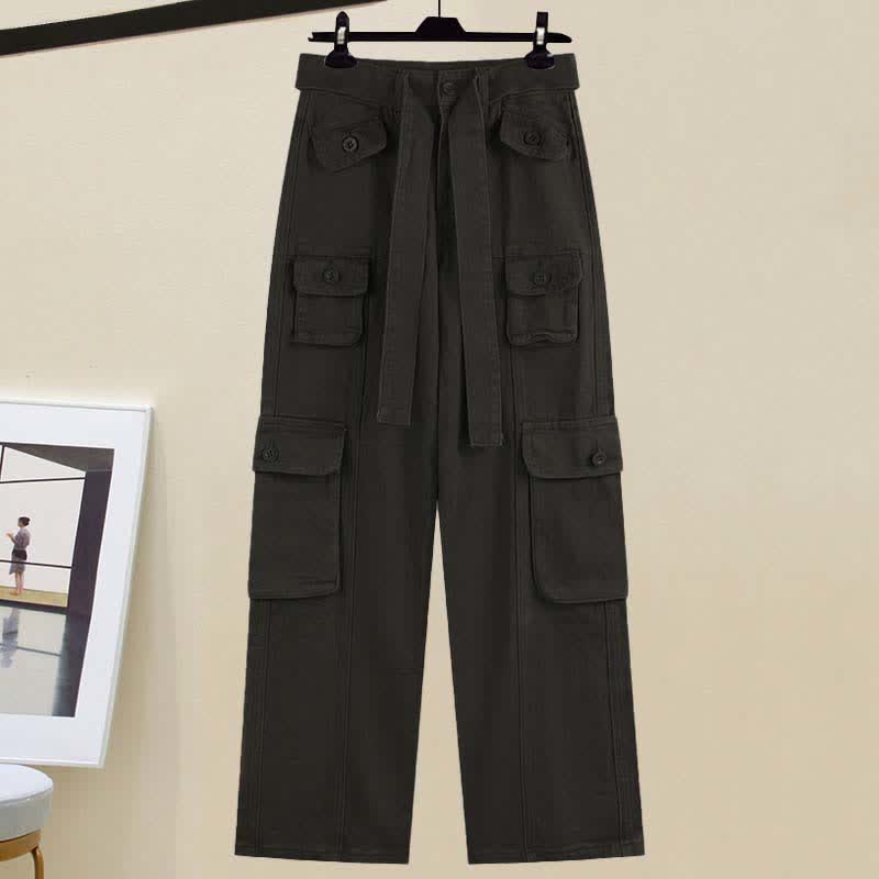 Vintage V-neck Crop Top Draw String Cargo Pants