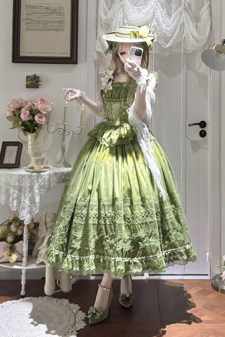 Emerald Mist-Shrouded Vineyard Sleeveless Ruffle Bowknot Lace-Up Sweet Lolita JSK Set