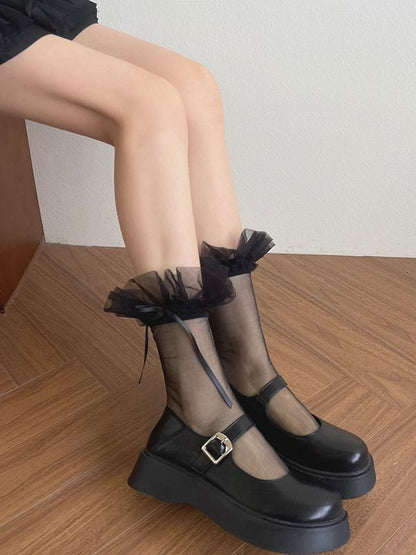 White/Black Lace Ruffled Tulle Calf Socks