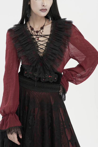 Crimson Slim Waist Tartan Stitched Layered Lace Long Sleeve Goth Shirt