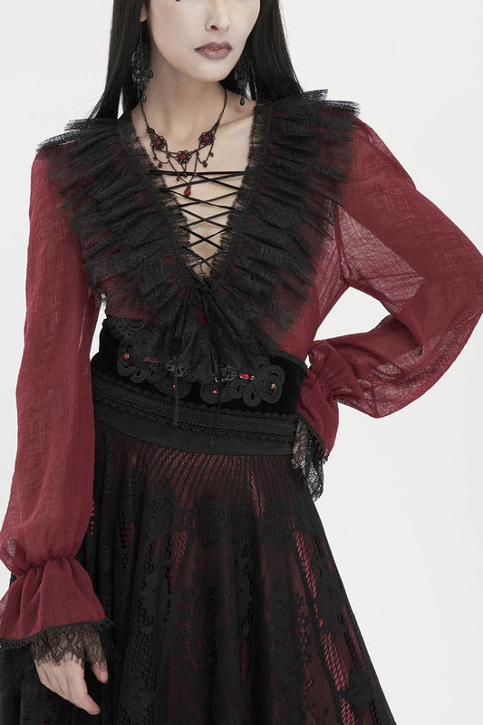 Crimson Slim Waist Tartan Stitched Layered Lace Long Sleeve Goth Shirt