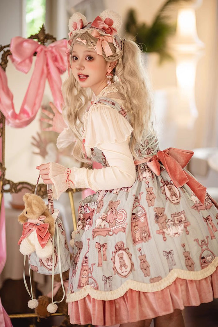 Pink/Green Sweet Lolita Bear Doll Print Ruffle Embroidery JSK Dress