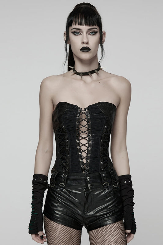 No-Sleeve Dark Corset Top with Side Zip and Lace-Up - NoirEdge