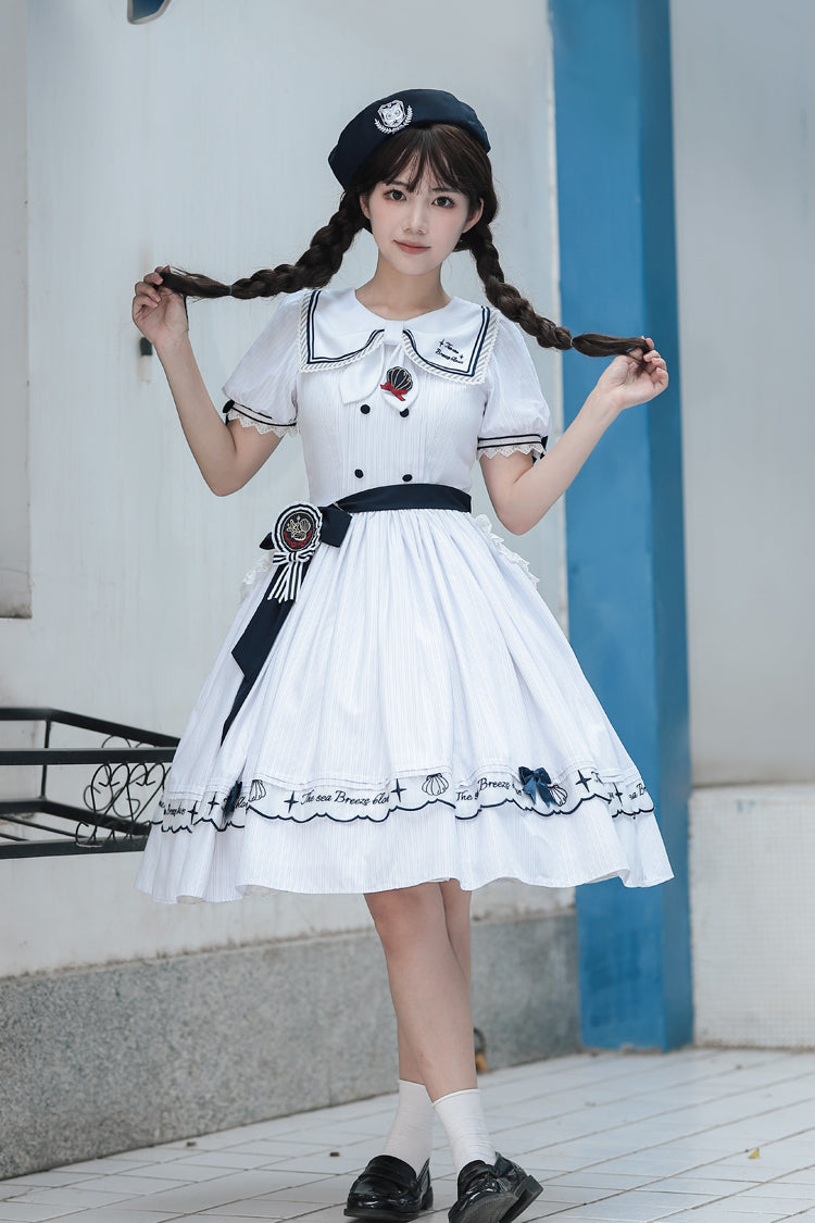 Ivory Navy Stripe Ruffled Embroidered Sweet Lolita Dress