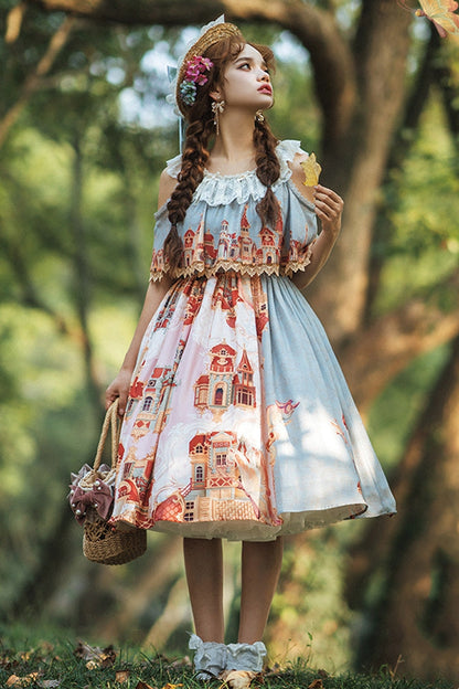 European Architecture Oil Painting Off-Shoulder Ribbon Lolita Dress