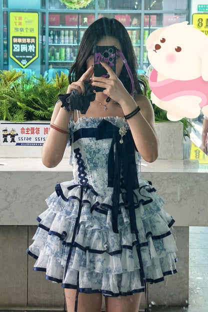 Blue White Sleeveless Multi-Layered Print Bowknot Fishbone Sweet Classic Chinese Style Lolita Jsk Short Dress
