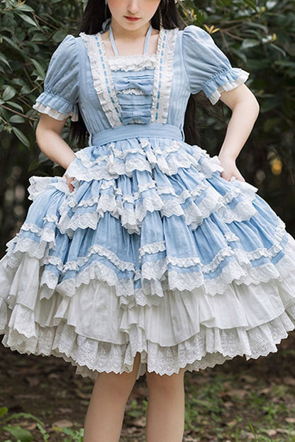 Blue Halter Sweet Lolita OP Dress with Lace and Ruffled Short Sleeves