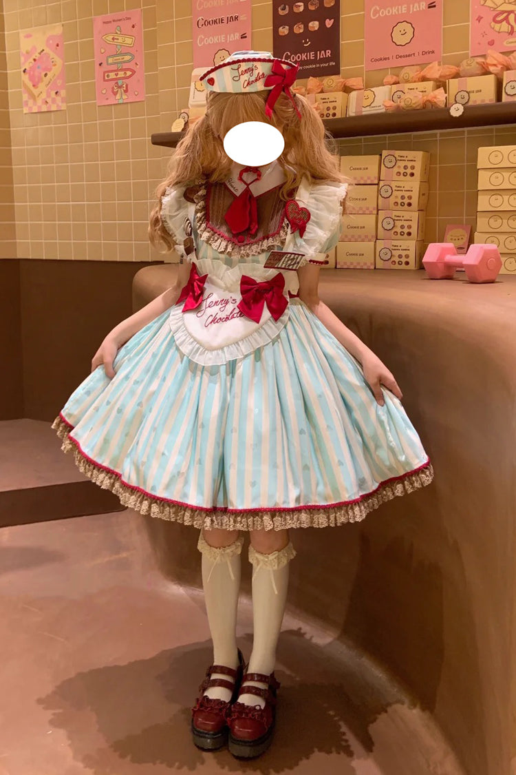 Emerald Jenny's Chocolate Short Sleeves Vertical Stripes Print Ruffle Bow Sweet Lolita Dress