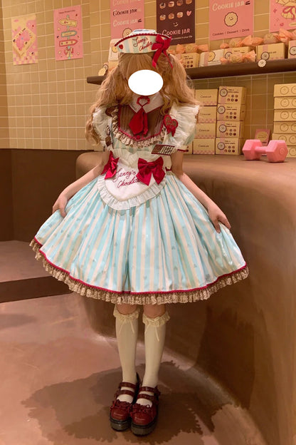 Emerald Jenny's Chocolate Short Sleeves Vertical Stripes Print Ruffle Bow Sweet Lolita Dress