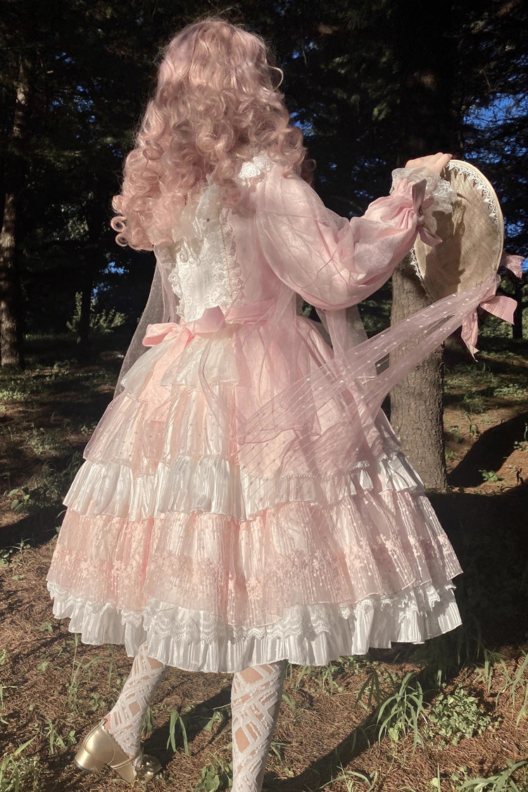 Pink OP Tiered Dress Sweet Lolita Long Sleeves Bowknot Ruffled - Altfashion Shop