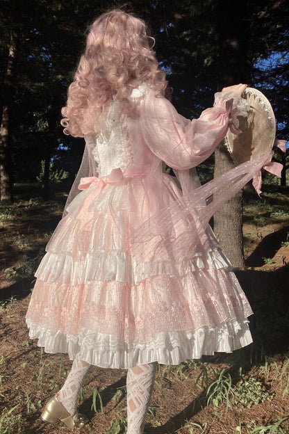 Pink OP Tiered Dress Sweet Lolita Long Sleeves Bowknot Ruffled - Altfashion Shop