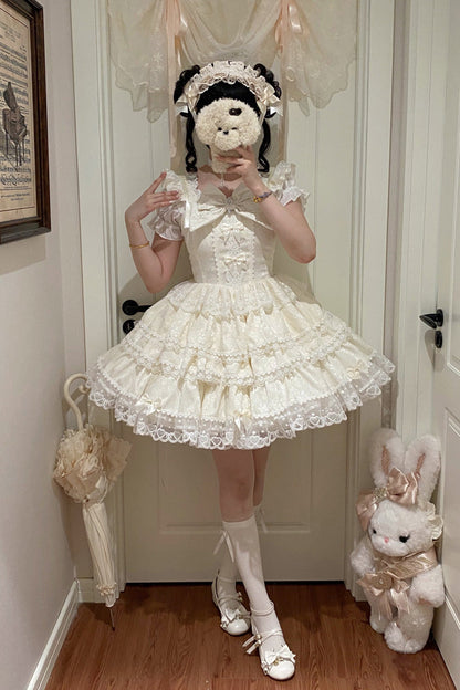 Sweet Mist Cherry Romance Sleeveless Multi-Layered Hanayome Bow Lace Lolita JSK Dress in Beige