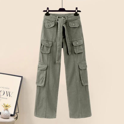 Set Pants Cargo Letter T-Shirt Print Top Crop