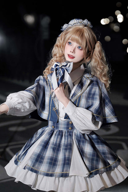 Lapel Long Sleeve Double Printed Ruffled Bow Japanese Lolita Skirt Set