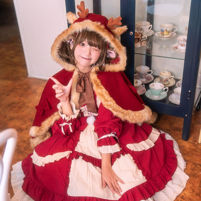 Cartoon Antler Plush Hooded Cloak Lolita Coat